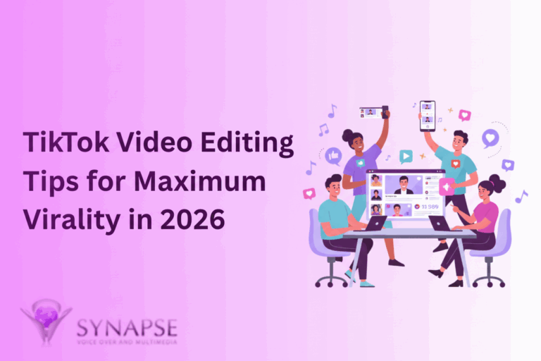 People editing engaging TikTok videos on laptops and phones, surrounded by music notes, hearts, and viral icons, illustrating tips for maximum virality in 2026.